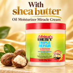 A jar of Africa's Best Triple Repair Oil Moisturizer Miracle Cream with a red lid and yellow-green label, shown on a warm beige background with shea butter leaves and whole nuts. Large text at the top reads 'With shea butter Oil Moisturizer Miracle Cream.