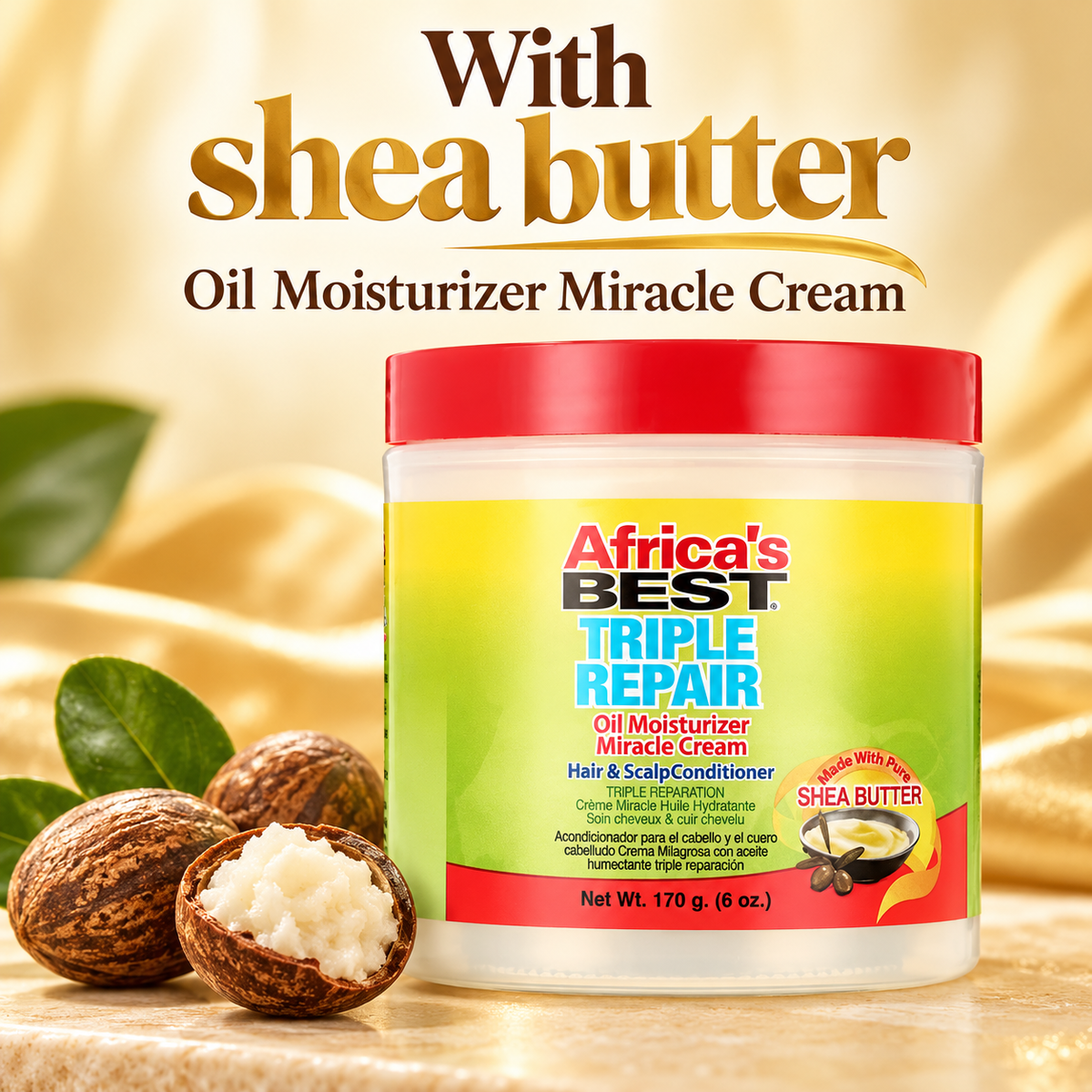 A jar of Africa's Best Triple Repair Oil Moisturizer Miracle Cream with a red lid and yellow-green label, shown on a warm beige background with shea butter leaves and whole nuts. Large text at the top reads 'With shea butter Oil Moisturizer Miracle Cream.