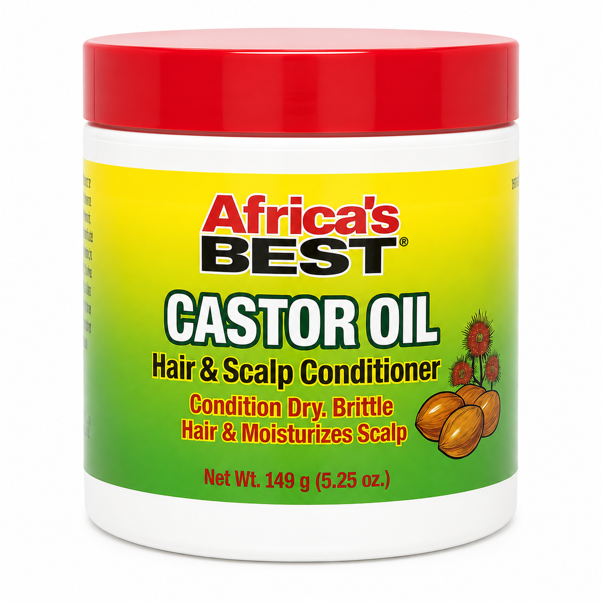 A white plastic jar of Africa's Best Castor Oil Hair & Scalp Conditioner with a red lid and a yellow-to-green gradient label, shown on a white background.
