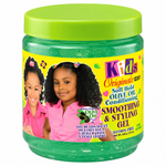 A jar of Kids Originals Soft Hold Olive Oil Conditioning Smoothing & Styling Gel, featuring a bright green lid and a colorful label with two young girls, on a white background.