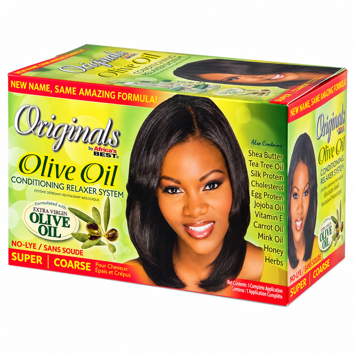 A box of Originals by A&L Best Olive Oil Conditioning Relaxer System, Super Coarse, featuring a model with styled black hair on the front of the packaging.