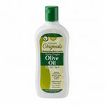 Bottle of olive oil body lotion with green and white label on a white background