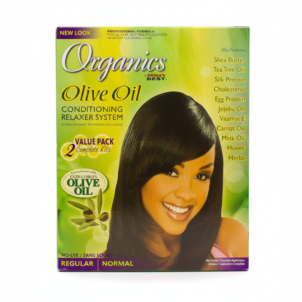 Box of Organics Olive Oil Conditioning Relaxer System with a woman's face on the front.