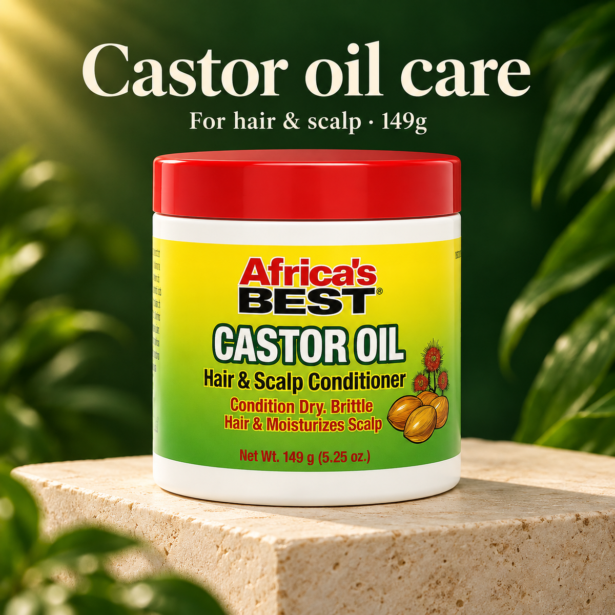 A jar of Africa's Best Castor Oil Hair & Scalp Conditioner placed on a stone pedestal with green foliage in the background. Text at the top reads 'Castor oil care For hair & scalp • 149g'.