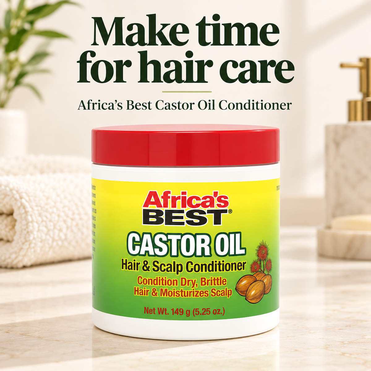 A jar of Africa's Best Castor Oil Hair & Scalp Conditioner sits on a marble countertop with a towel and bathroom fixtures in the background. Large promotional text at the top reads 'Make time for hair care' and 'Africa's Best Castor Oil Conditioner.