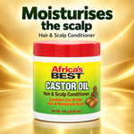 A jar of Africa's Best Castor Oil Hair & Scalp Conditioner centered on a golden background with promotional text reading 'Moisturises the scalp' and 'Hair & Scalp Conditioner.' The product container has a red lid, white base, and a yellow-to-green label with red and black text.