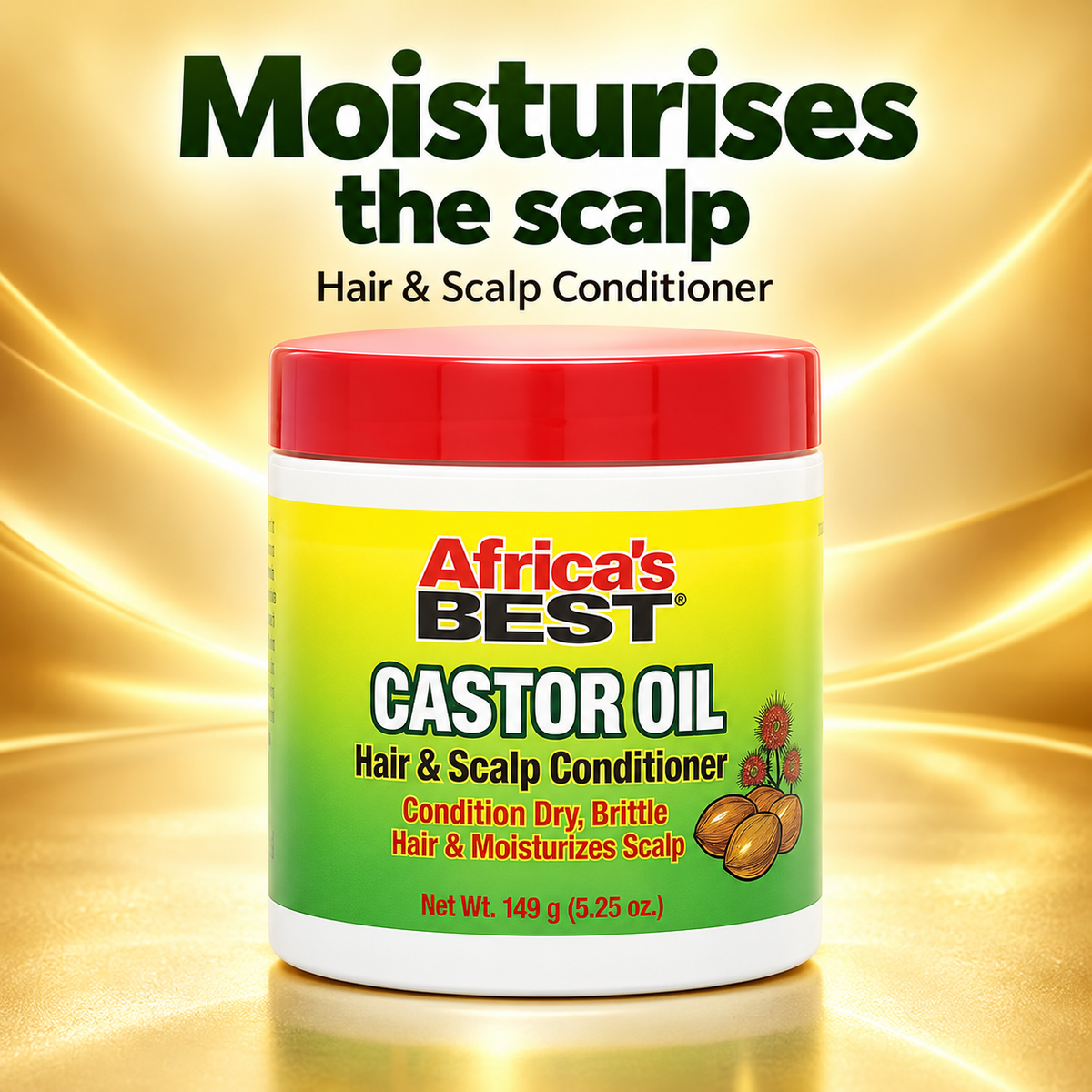 A jar of Africa's Best Castor Oil Hair & Scalp Conditioner centered on a golden background with promotional text reading 'Moisturises the scalp' and 'Hair & Scalp Conditioner.' The product container has a red lid, white base, and a yellow-to-green label with red and black text.