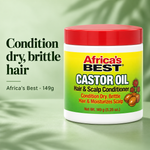 A white plastic jar of Africa's Best Castor Oil Hair & Scalp Conditioner with a red lid, set against a soft green background with leaf shadows. The left side features promotional text reading 'Condition dry, brittle hair' and 'Africa's Best - 149g'.