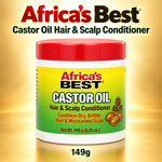 A white plastic jar of Africa's Best Castor Oil Hair & Scalp Conditioner with a red lid, set against a golden gradient background with the brand name and product weight displayed.