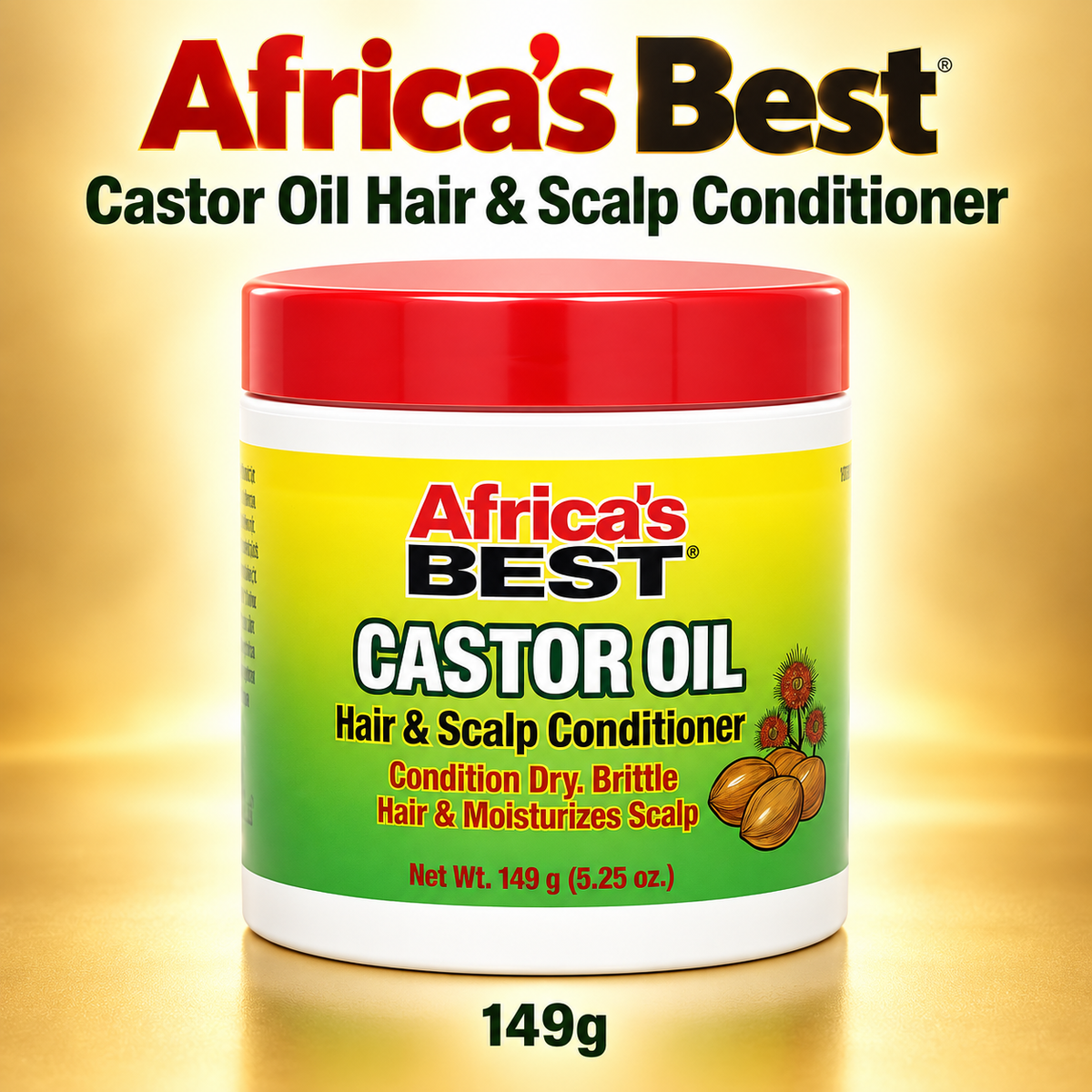 A white plastic jar of Africa's Best Castor Oil Hair & Scalp Conditioner with a red lid, set against a golden gradient background with the brand name and product weight displayed.