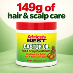 A jar of Africa's Best Castor Oil Hair & Scalp Conditioner with a red lid and yellow-green label, shown on a green and white background with promotional text reading '149g of hair & scalp care'.