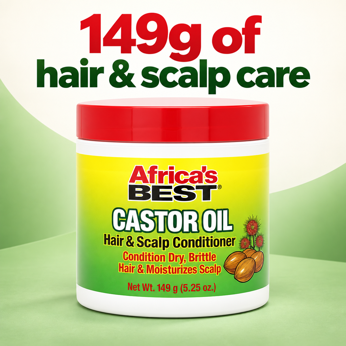 A jar of Africa's Best Castor Oil Hair & Scalp Conditioner with a red lid and yellow-green label, shown on a green and white background with promotional text reading '149g of hair & scalp care'.