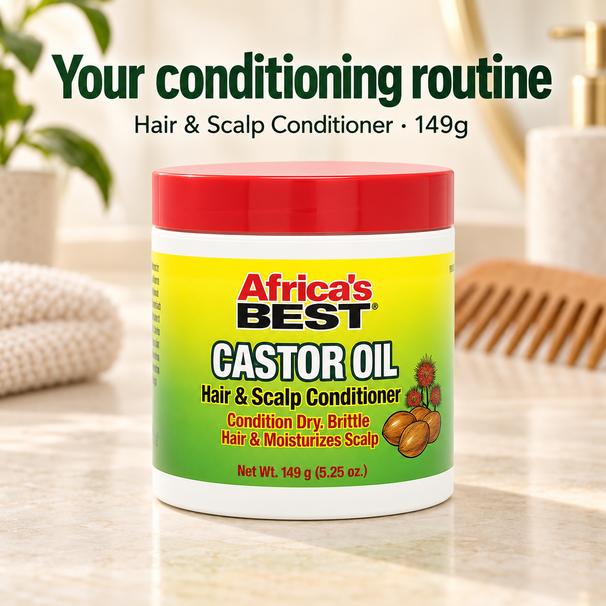 A jar of Africa's Best Castor Oil Hair & Scalp Conditioner sits on a bathroom counter with a towel, plant, and wooden comb in the background. Text at the top reads 'Your conditioning routine Hair & Scalp Conditioner - 149g'.