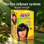 A boxed hair relaxer product labeled 'Africa's BEST' stands on a glossy green surface with leafy props around it. Large text at the top reads 'No-lye relaxer system' and 'Regular strength.