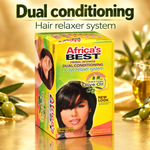Africa's BEST Dual Conditioning Hair Relaxer system box shown on a golden background with olives and a glass of oil, under the text 'Dual conditioning Hair relaxer system'.