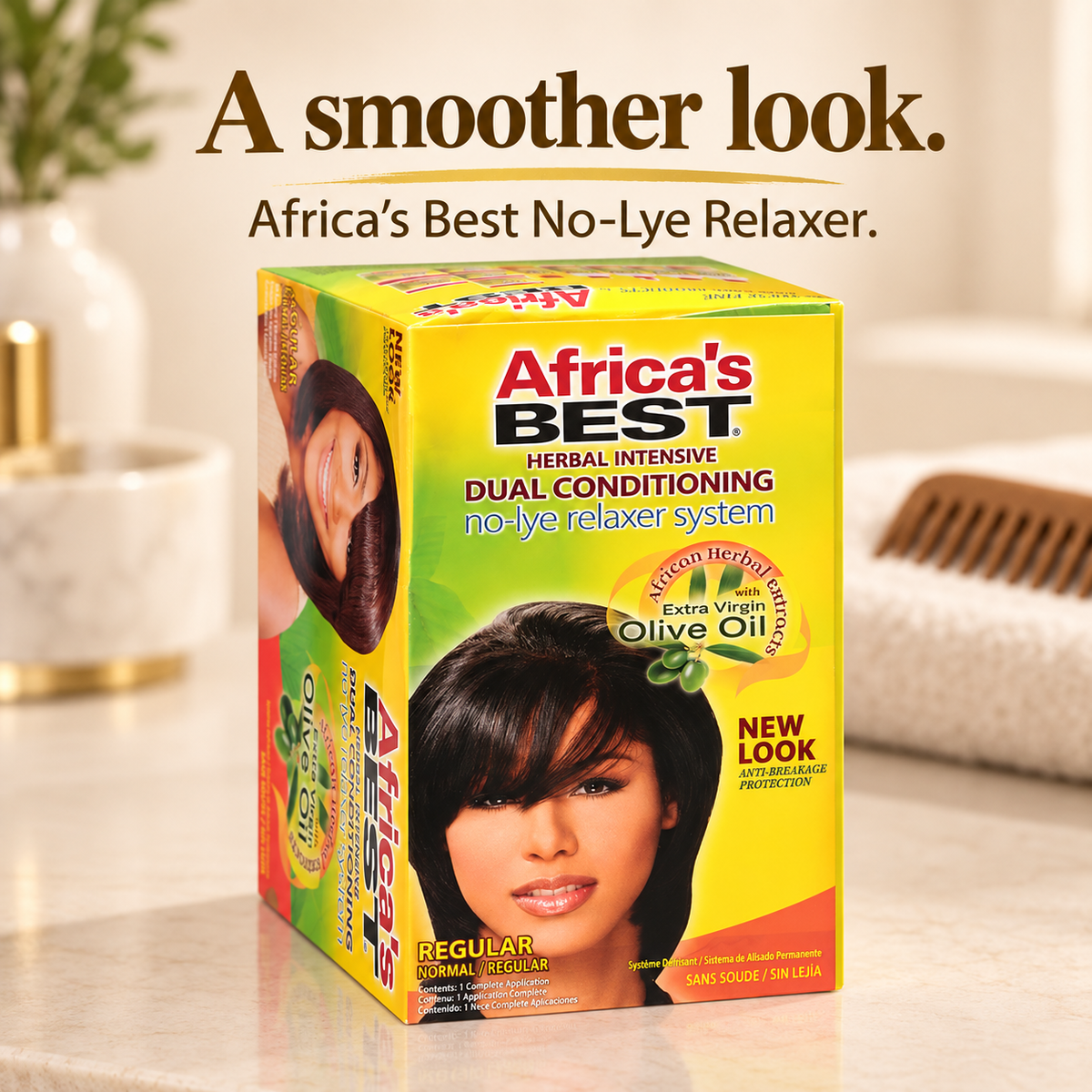 A box of Africa's Best No-Lye Relaxer hair dye stands on a light marble surface with a blurred bathroom-like background. Large headline text above reads 'A smoother look.