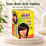A box of Africa's Best No-Lye Hair Relaxer Kit in Regular Strength, displayed on a round beige pedestal. The packaging is bright yellow and green with a model's hair shown on the front.