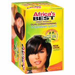 Africa's Best Herbal Intensive Dual Conditioning No-Lye Relaxer System in a bright yellow and green box, featuring a model with styled black hair on the front.