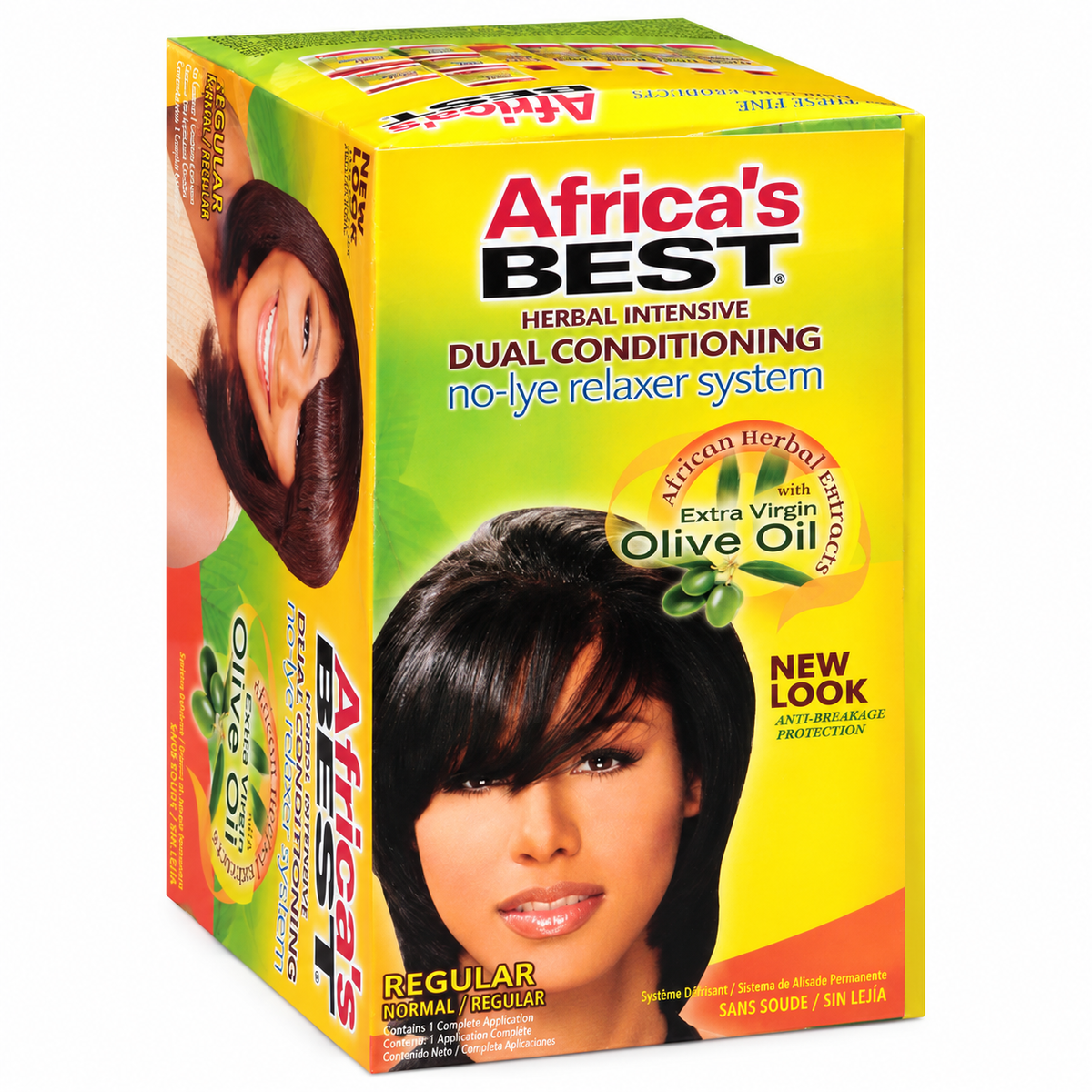 Africa's Best Herbal Intensive Dual Conditioning No-Lye Relaxer System in a bright yellow and green box, featuring a model with styled black hair on the front.