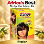Africa's Best No-Lye Hair Relaxer Kit in a yellow and green box, displayed on a gold background with olives and the text 'Africa's Best', 'No-Lye Hair Relaxer Kit', and 'Regular'.