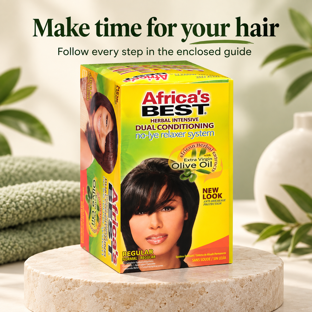 Africa's Best Regular Volume Dual Conditioning No Lye Relaxer System box displayed on a round stone pedestal with a soft-focus background of green leaves and a white vase. Text at the top reads 'Make time for your hair'.