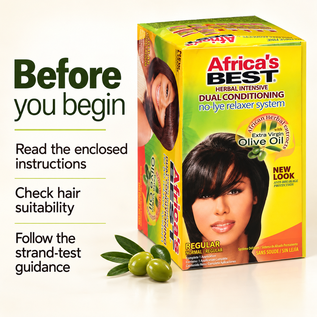 Box of Africa's Best Herbal Intensive Dual Conditioning No-Lye Relaxer System shown on a light beige background with instructional text on the left and green olives in front of the box.