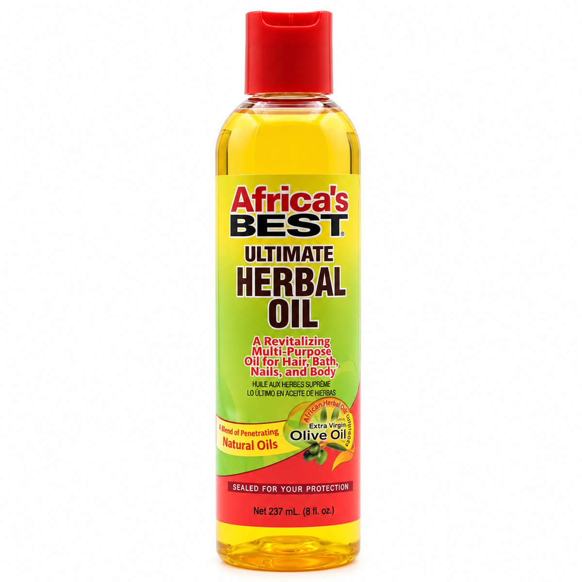 A 237 mL bottle of Africa's Best Ultimate Herbal Oil, featuring a red flip-top cap and a bright green-to-yellow gradient label with red and black text, set against a plain white background.