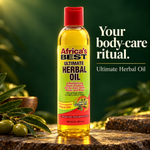 A bottle of Africa's Best Ultimate Herbal Oil for hair, nails, and skin, styled on a rustic wooden surface with olive branches and a dark green leafy background. Text on the right reads 'Your body-care ritual.