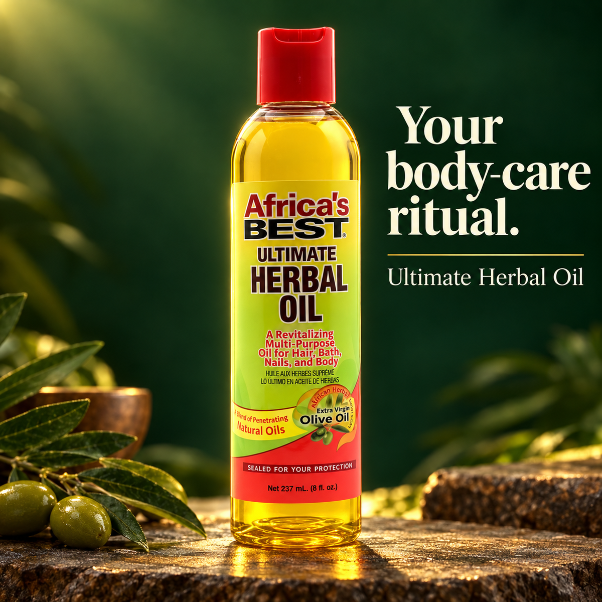 A bottle of Africa's Best Ultimate Herbal Oil for hair, nails, and skin, styled on a rustic wooden surface with olive branches and a dark green leafy background. Text on the right reads 'Your body-care ritual.