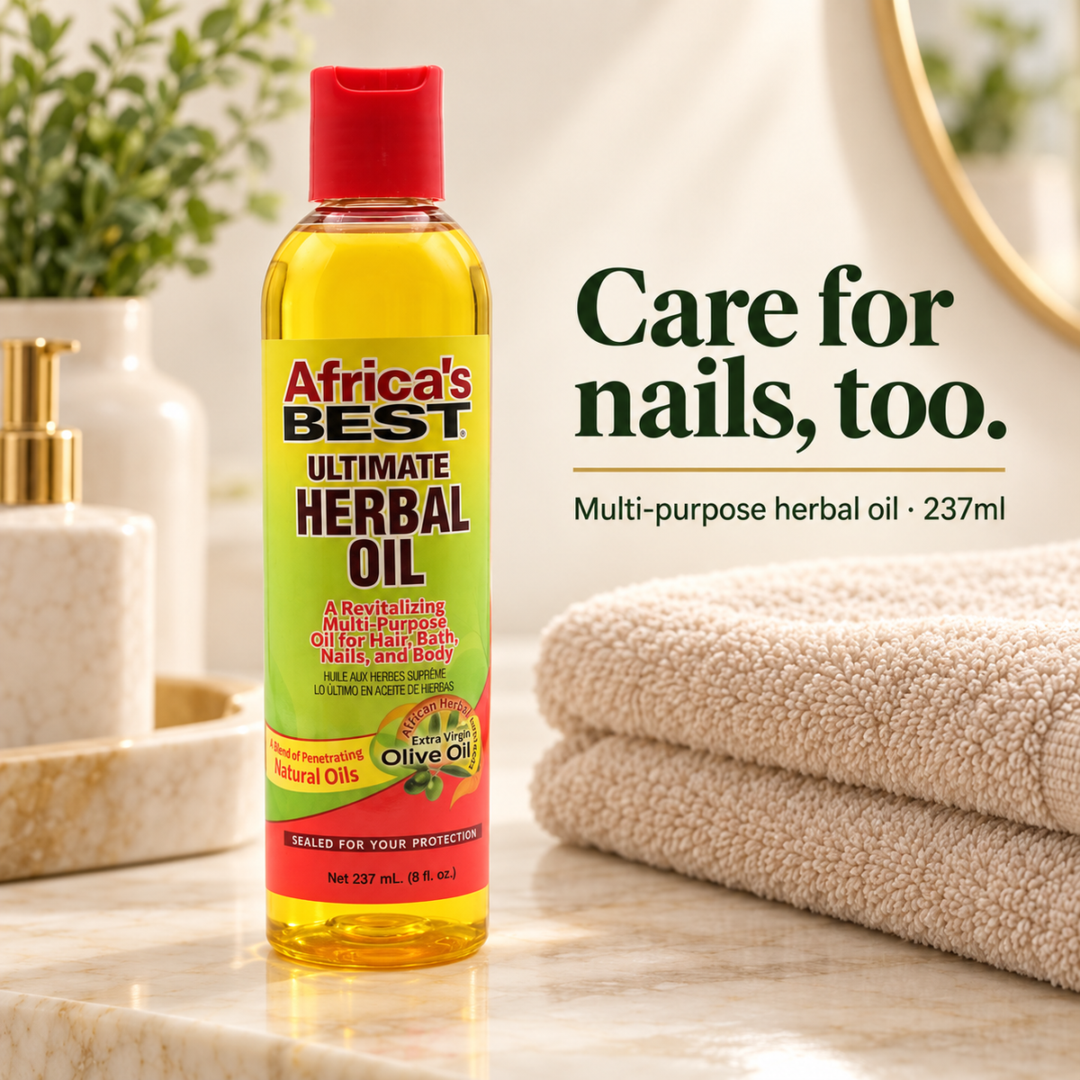 A bottle of Africa's Best Ultimate Herbal Oil stands on a marble surface next to a folded beige towel, with decorative home items in the background and text reading 'Care for nails, too.'.