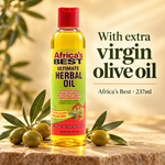 A bottle of Africa's Best Ultimate Herbal Oil with extra virgin olive oil, displayed on a stone surface with green olives and leaves. The background is a warm, sunlit beige with text overlays describing the product.