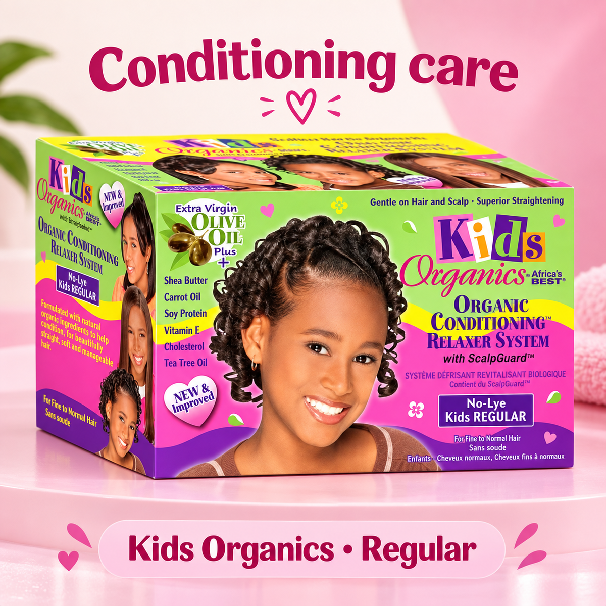 A boxed hair care product labeled 'Kids Organics Organic Conditioning Relaser System' shown on a pink studio background with promotional text reading 'Conditioning care' and 'Kids Organics • Regular.' The box features bright green, yellow, and purple panels, product photos of a child, and branding for Africa's Best and NMA.