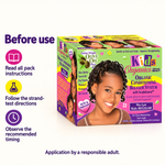 A box of Kids Organics Organic Conditioning Ruler System No-Lye Kids Regular hair growth shampoo, shown on a white background with purple 'Before use' instructions and icons on the left.