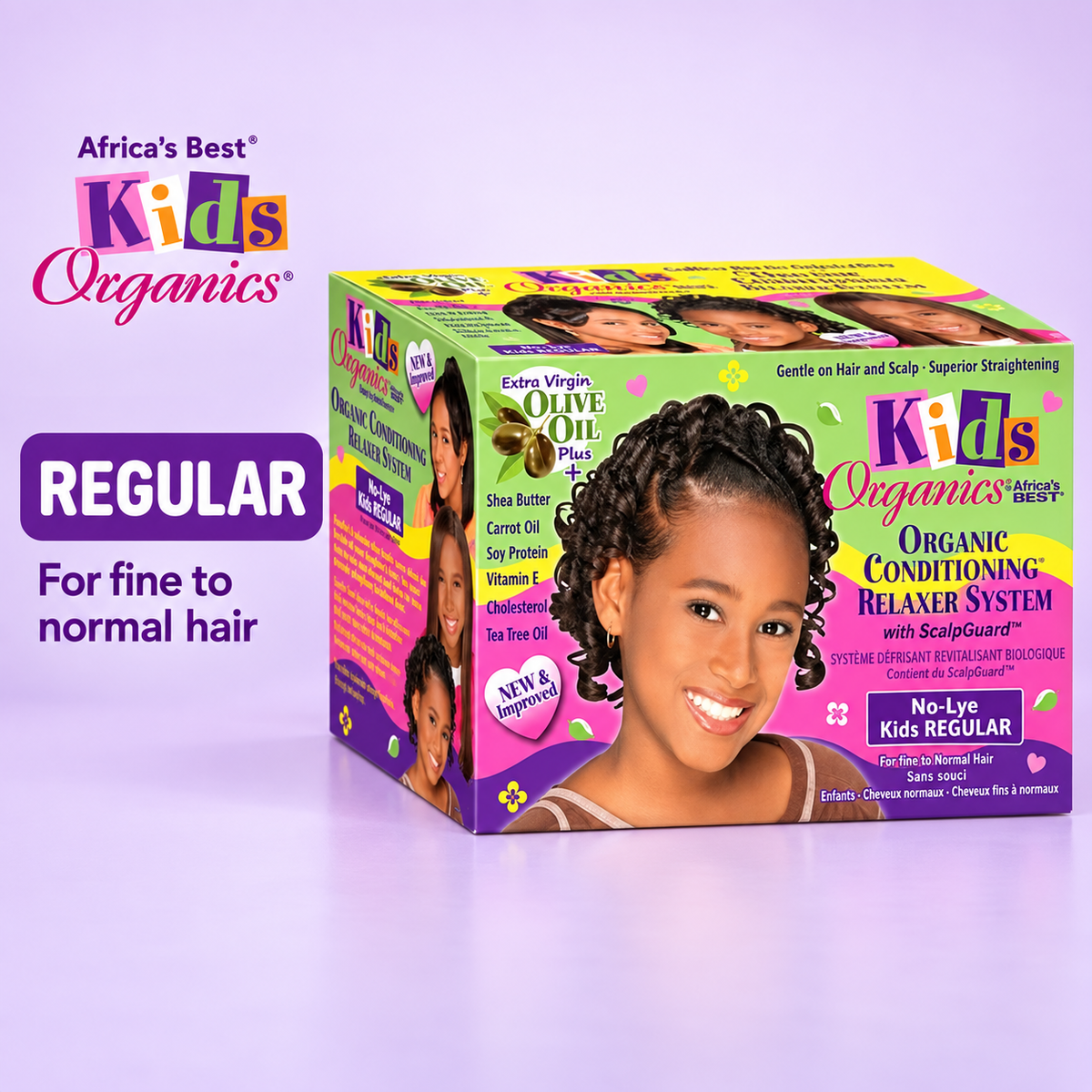 Box of Kids Organics Organic Conditioning Relaxer System with Serpina+ on a light lavender background, with promotional text reading 'Africa's Best Kids Organics' and 'REGULAR For fine to normal hair'.