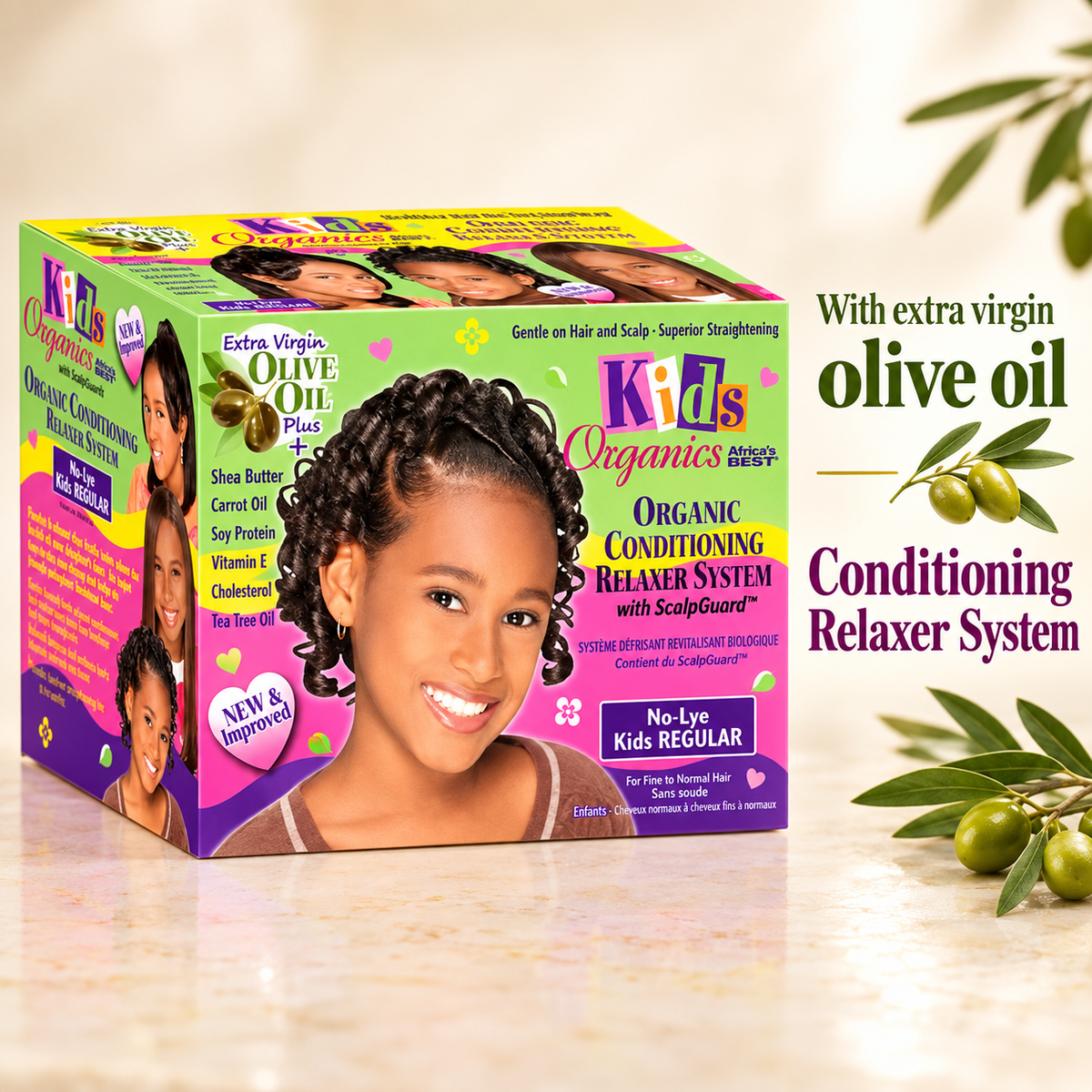 Kids Organics Organic Conditioning Relaxer System box shown on a light marble surface with olive branches and text reading 'With extra virgin olive oil' and 'Conditioning Relaxer System.' The box is multicolored with pink, yellow, green, and purple panels and child portraits.