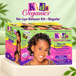Kids Organics No-Lye Relaxer Kit in a colorful retail box, displayed on a white pedestal against a soft green background with decorative leaves.