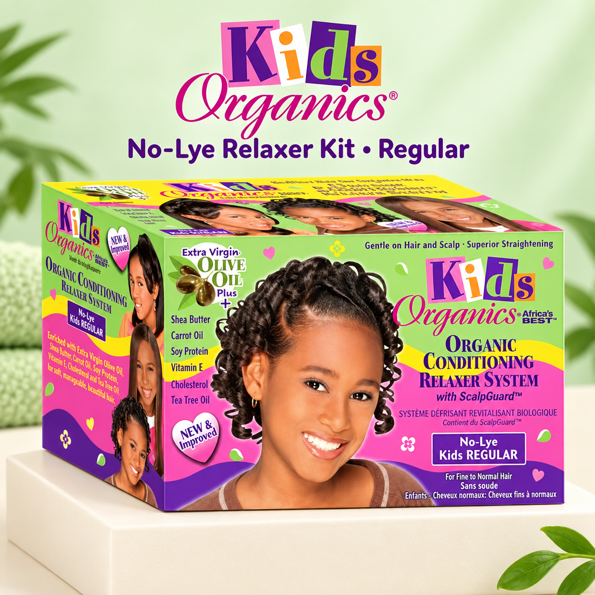 Kids Organics No-Lye Relaxer Kit in a colorful retail box, displayed on a white pedestal against a soft green background with decorative leaves.