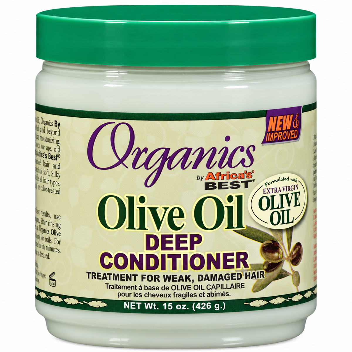 A 15 oz jar of Africa's Best Organics by Africa's Best Deep Conditioner with olive oil, featuring a green lid and a cream-colored label with green and purple text.