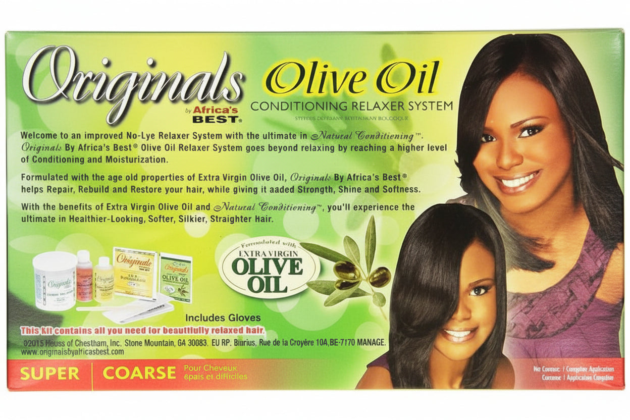 Box of Olive Oil conditioning relaxer system with a model on the packaging