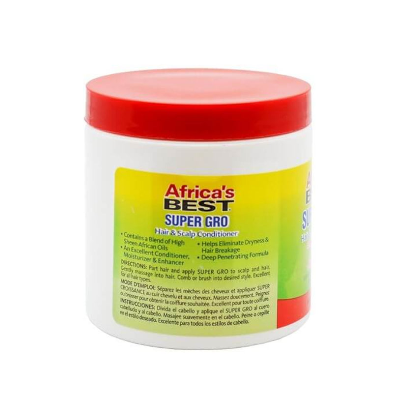 Jar of Africa's Best Super Gro hair and scalp conditioner with a red lid on a white background