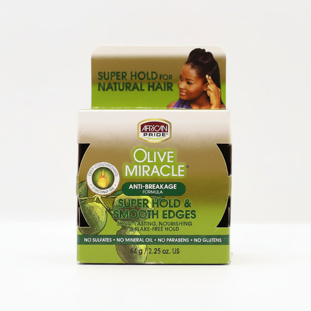African Pride Olive Miracle hair care product packaging with a woman's face on a green background.