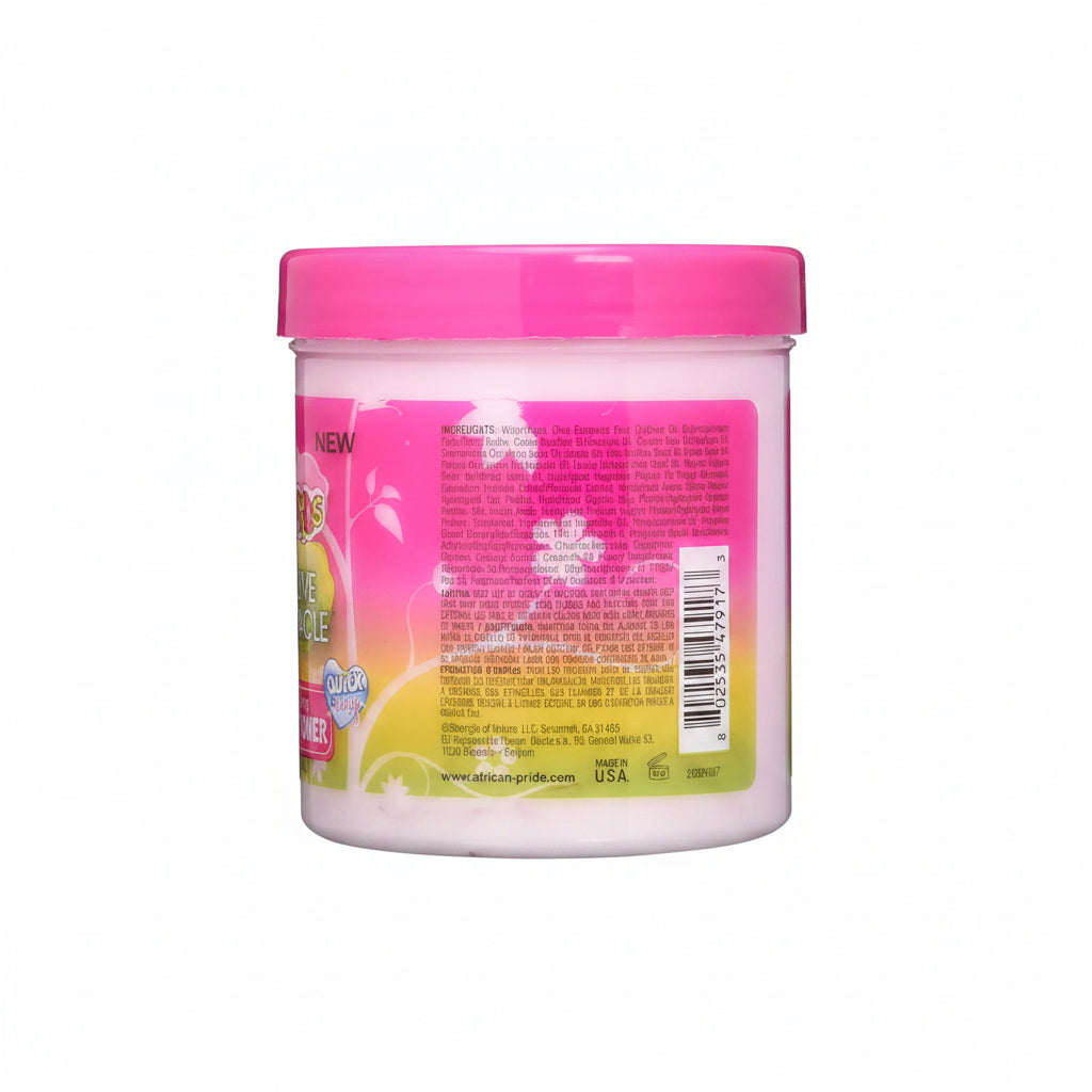 Back view of a hair care product jar with pink lid and colorful label.