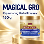 A jar of African Pride Magical Gro Rejuvenating Herbal Formula, 150 g, displayed on a gold pedestal against a golden background with text overlays.