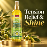 A bottle of African Pride Olive Miracle Tension Relief & Shine Braid Sheen Spray stands on a gold pedestal with olive branches around it against a dark olive-green background. Large text on the right reads 'Tension Relief & Shine'.