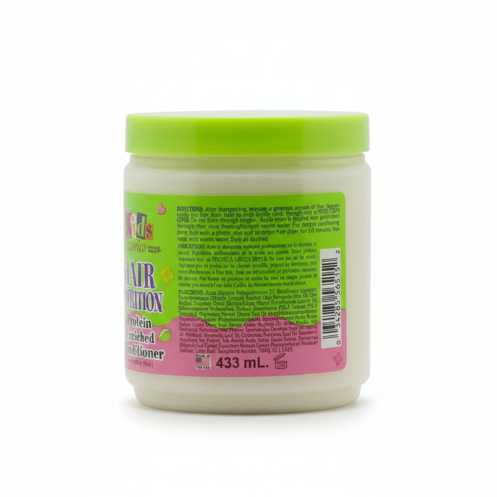 Jar of hair conditioner with green lid and label on a white background