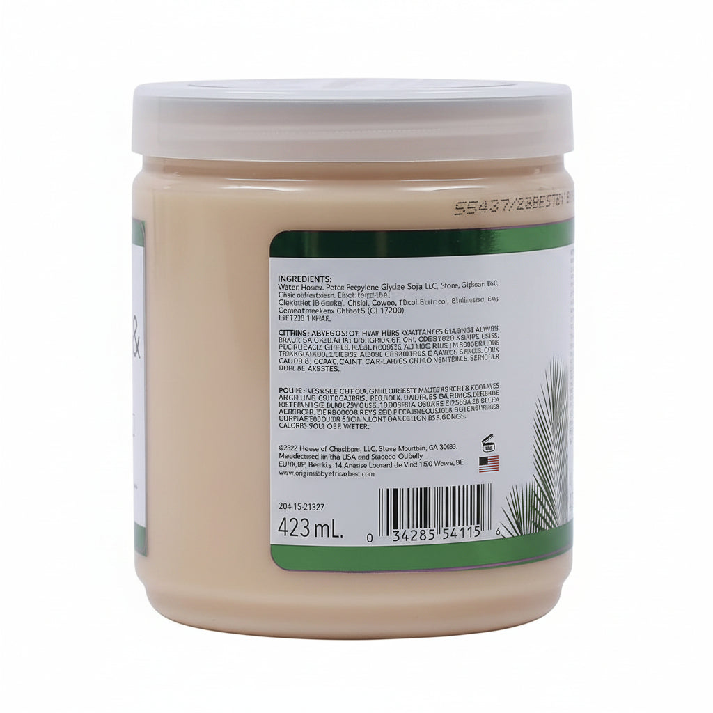 Back view of a jar with a label showing ingredients and branding.
