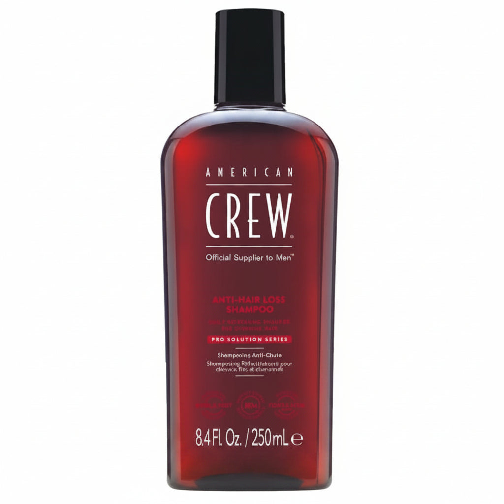 American Crew shampoo bottle on a white background