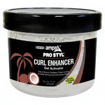A 10 oz jar of ampro Pro Styl Curl Enhancer Gel Activator with a black lid and black label featuring brown palm tree and coconut graphics.