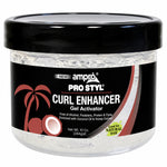 A 10 oz plastic jar of ampro Pro Styl Curl Enhancer Gel Activator with a black lid and black label featuring red palm tree graphics.