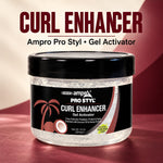 A 10 oz jar of Ampro Pro Styl Curl Enhancer Gel Activator with a black lid and black label, set against a dark red and beige background with bold text reading 'CURL ENHANCER'.